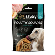 Монопротеїнові ласощі для собак Savory Monoprotein Squares Fresh Breathe rich in Poultry для здорового подиху, з м’ясом птиці 100 г Монопротеїнові ласощі для собак Savory Monoprotein Squares Fresh Breathe rich in Poultry для здорового подиху, з м’ясом птиці 100 г