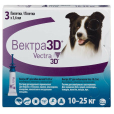 Капли Вектра 3Д (Vectra 3D) от клещей, блох и комаров для собак весом от 10 до 25 кг