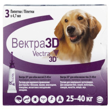 Капли Вектра 3Д (Vectra 3D) от клещей, блох и комаров для собак весом от 25 до 40 кг
